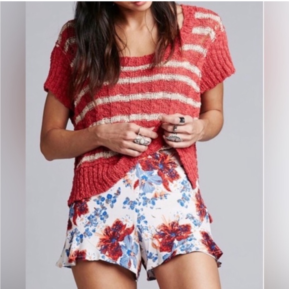 Free People Terracotta chunky knit linen blend split sleeve sweater top boho